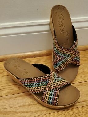 Skechers Luxe Foam Delighted Colorful Slip-on Cork Wedge Sandals